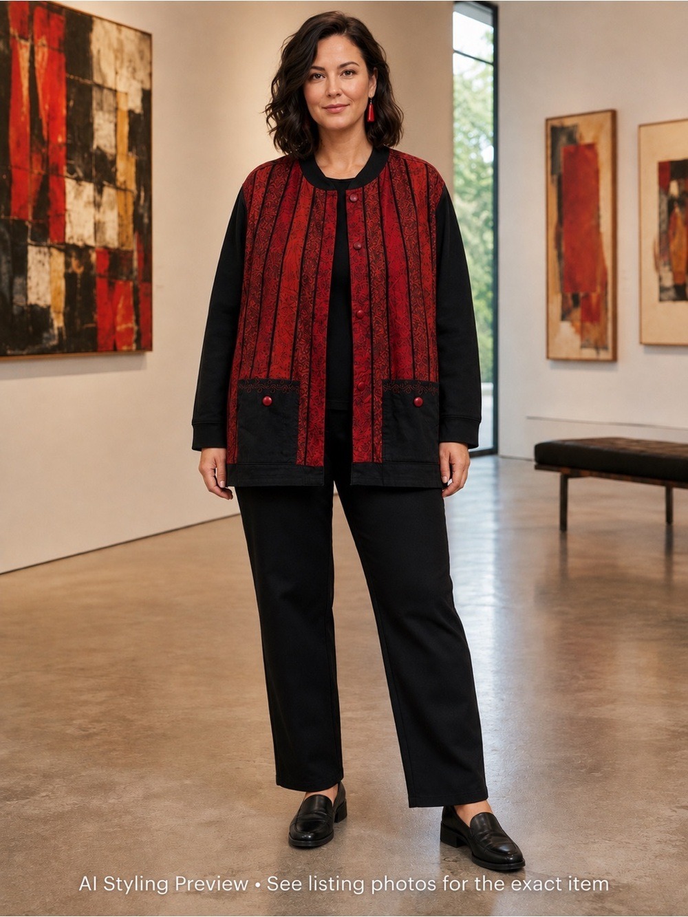 XL–2X Red Black Artsy Lined Button Front Jacket Oversized Patch Pocket